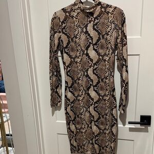 Leith Brown Snake-Print Long Sleeve Dress